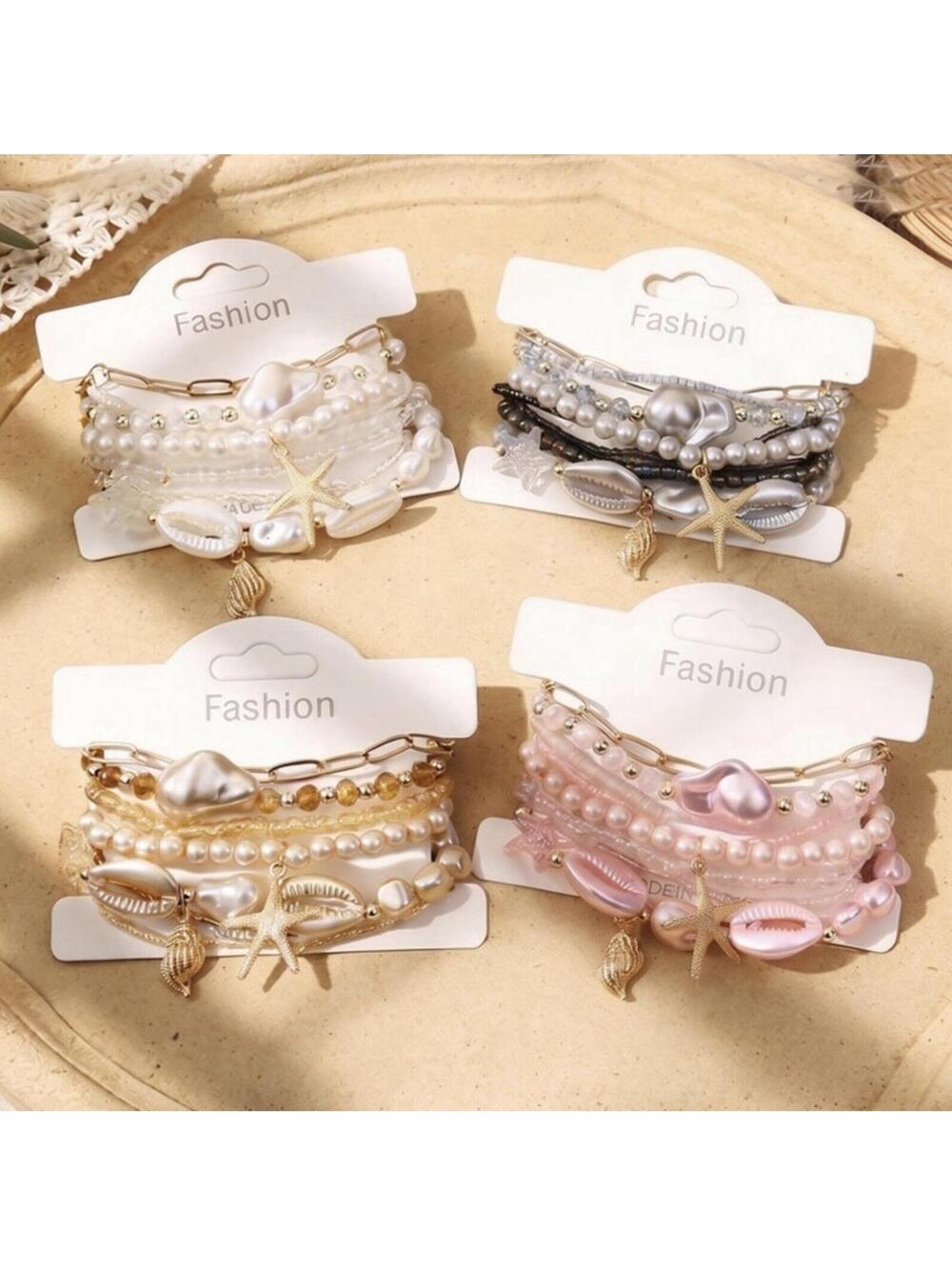 Lot 4 Boho Layered Bracelet Beach Shell Starfish Stretch 28 pieces Total - NEW